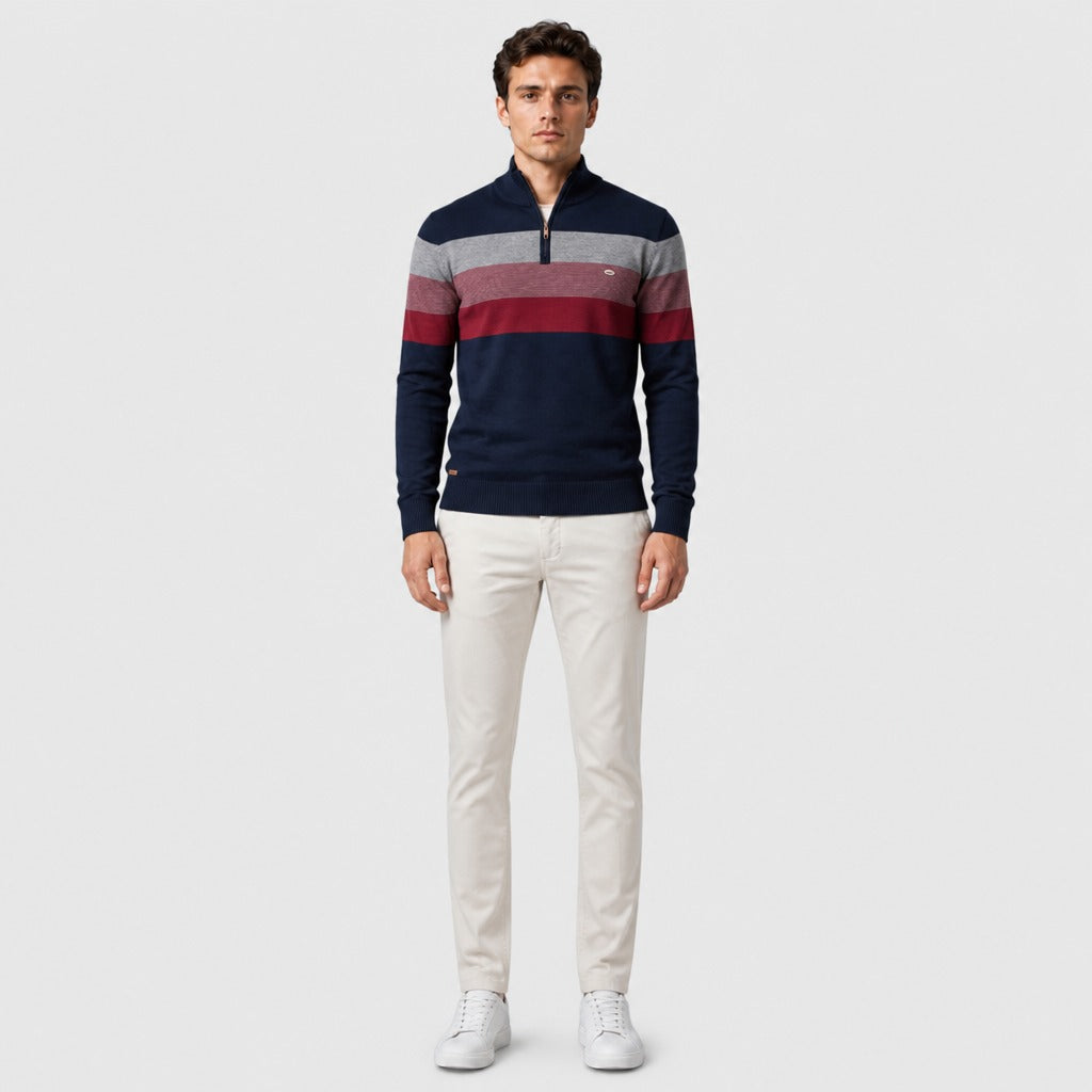 Men’s Patchwork Zip-Up Knit Jumper Navy Blue full length