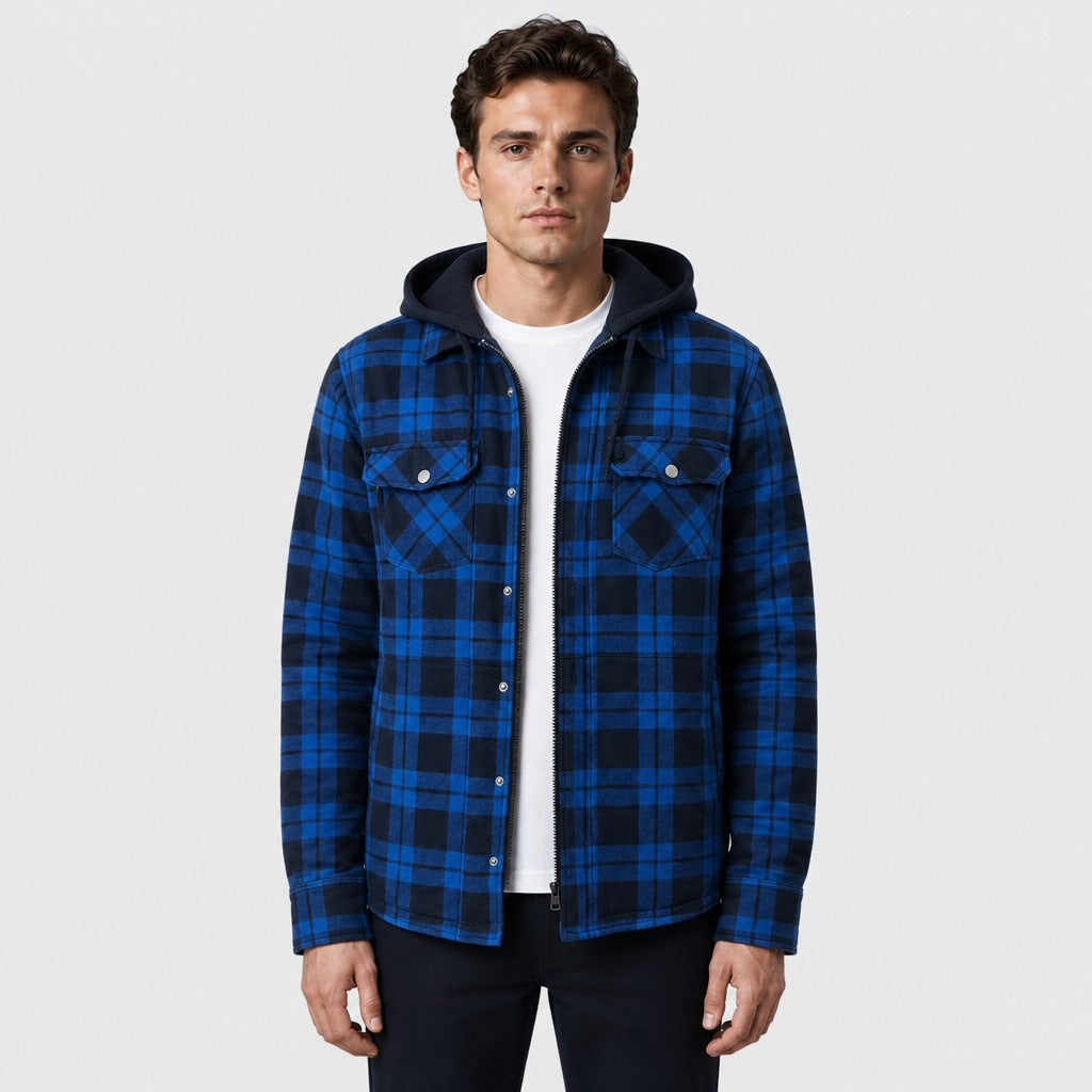 Men’s Plaid Jacket with Detachable Hood Black/Blue front