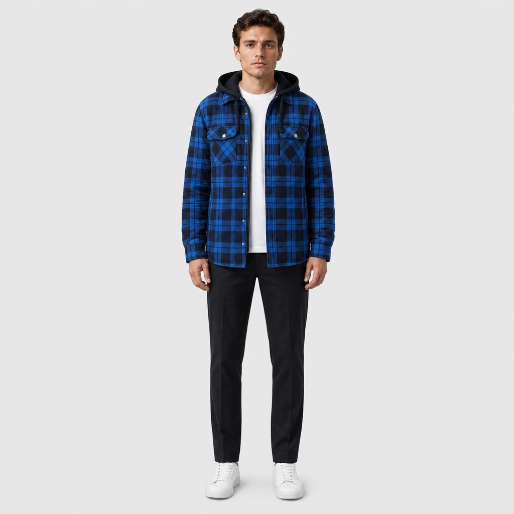Men’s Plaid Jacket with Detachable Hood Black/Blue full length