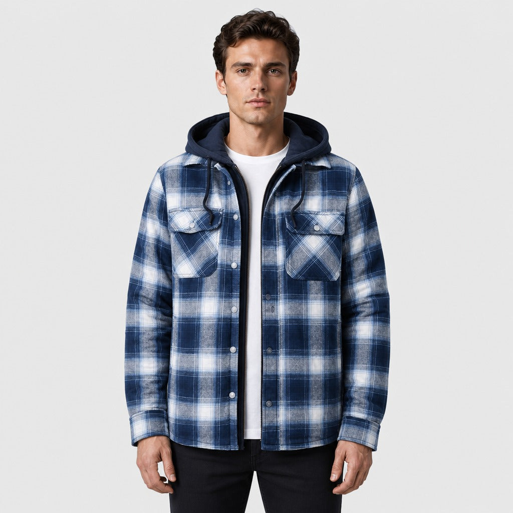 Men’s Plaid Jacket with Detachable Hood White/Blue