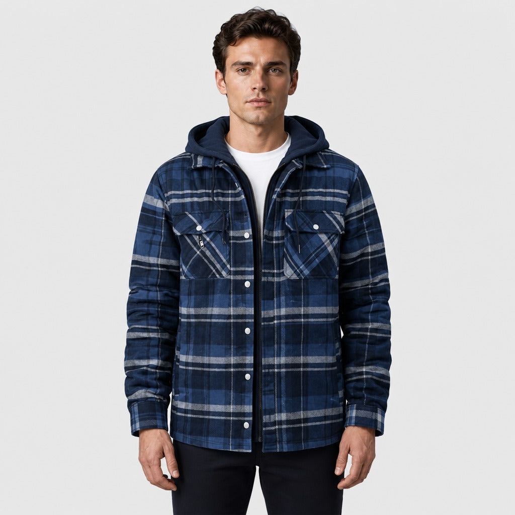 Men’s Plaid Jacket with Detachable Hood Dark Blue