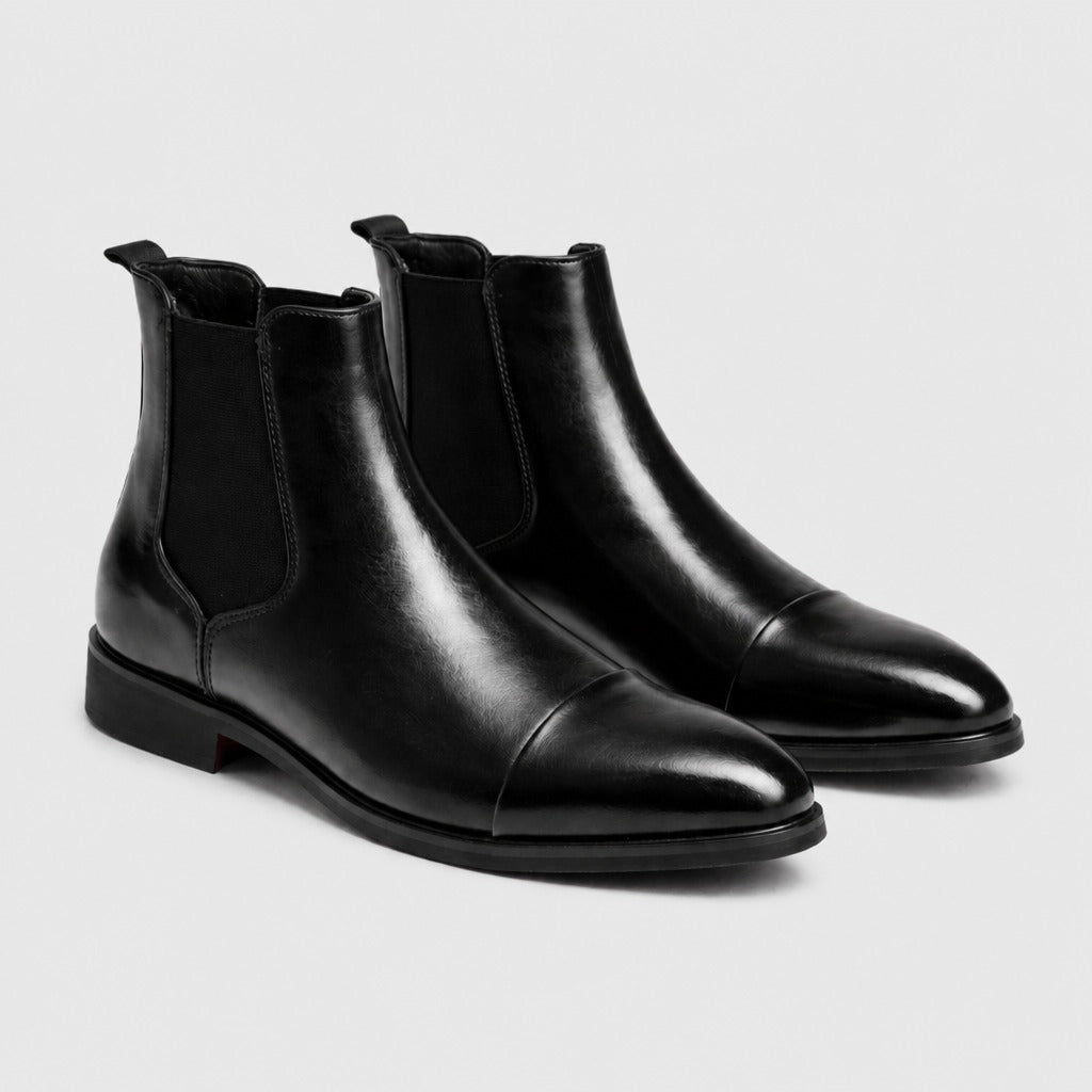Men’s Pointed Toe Leather Chelsea Boots Ebony Black pair