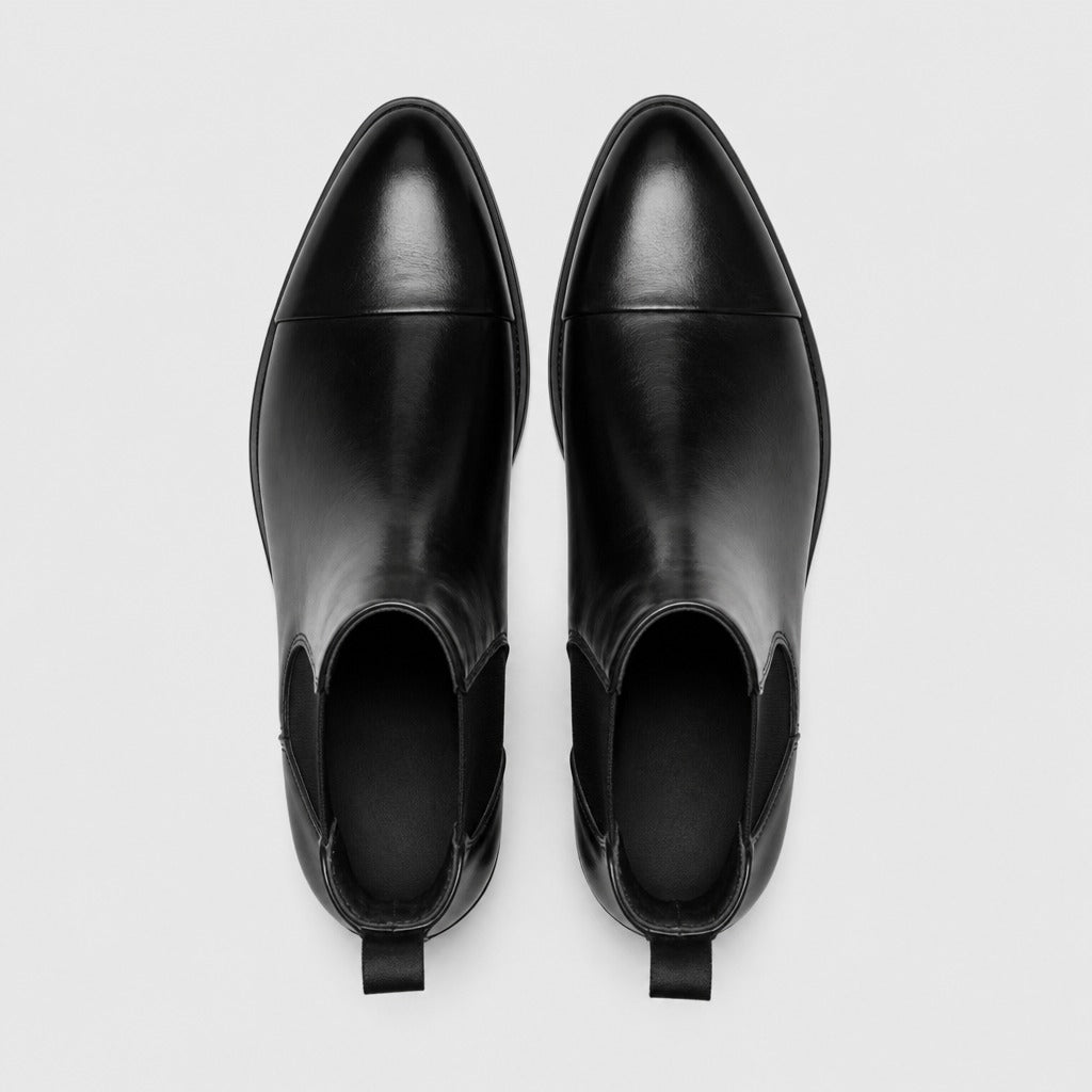 Men’s Pointed Toe Leather Chelsea Boots Ebony Black top view