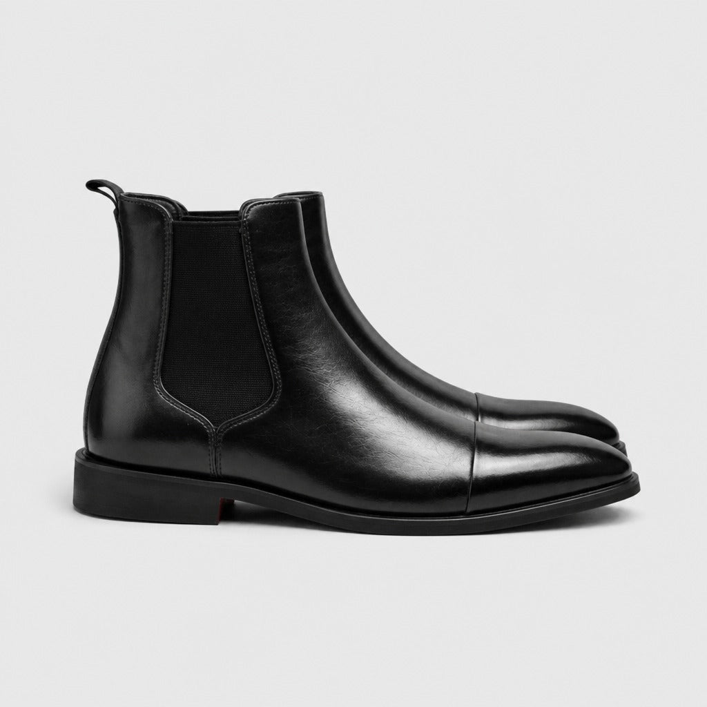 Men’s Pointed Toe Leather Chelsea Boots Ebony Black side view