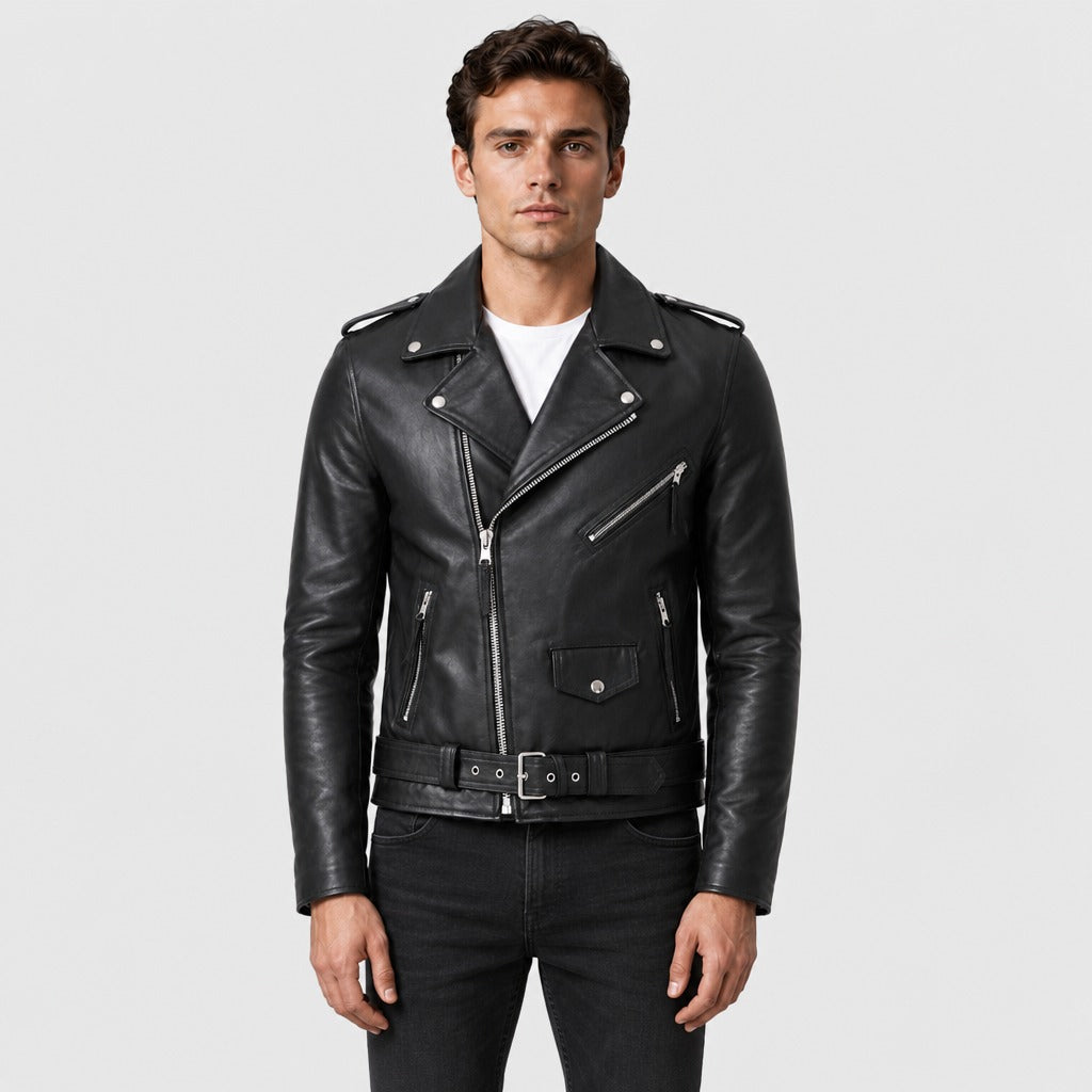 Men’s Punk Faux Leather Biker Jacket Black front