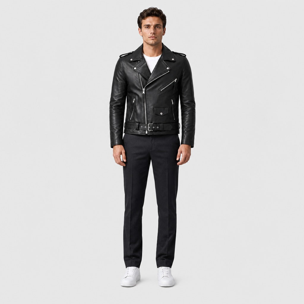Men’s Punk Faux Leather Biker Jacket Black full length