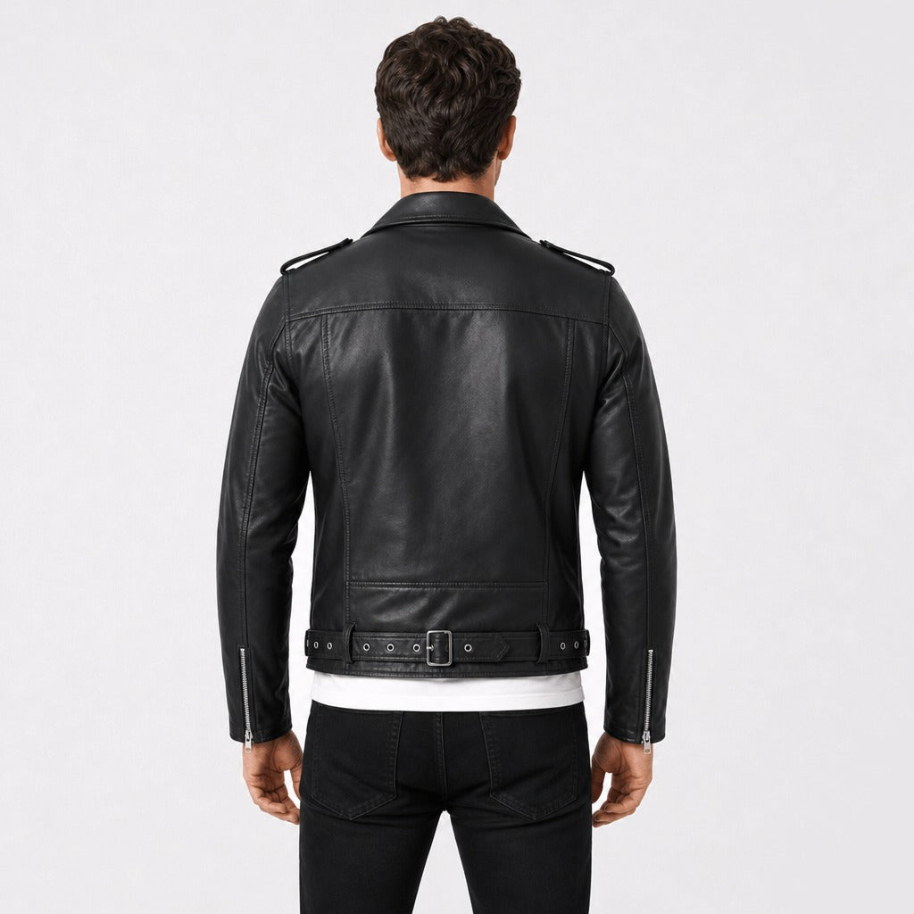 Men’s Punk Faux Leather Biker Jacket Black back