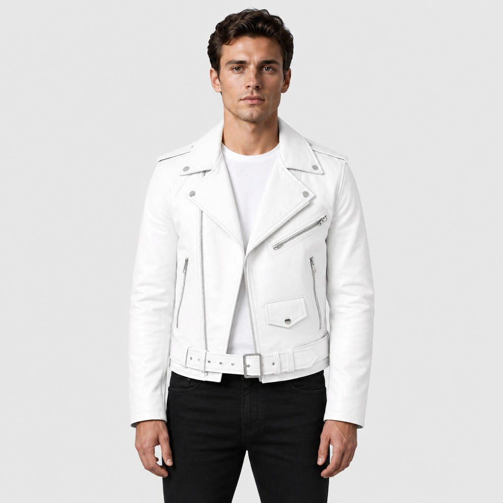 Men’s Punk Faux Leather Biker Jacket White