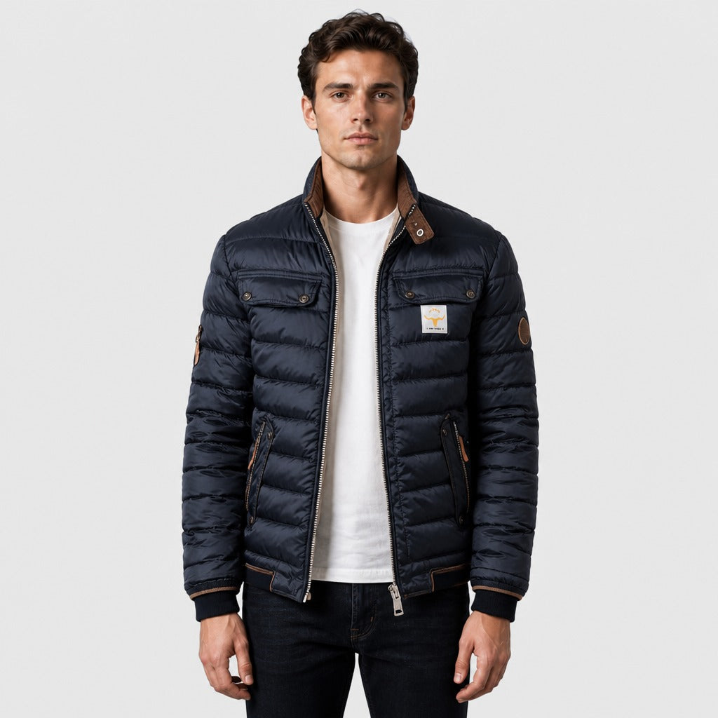 Men’s Quilted Puffer Jacket with Stand Collar Navy Blue front