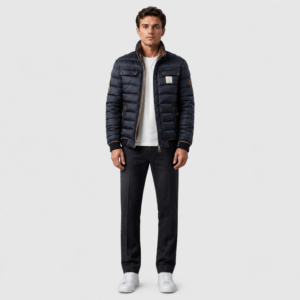 Men’s Quilted Puffer Jacket with Stand Collar Navy Blue full length