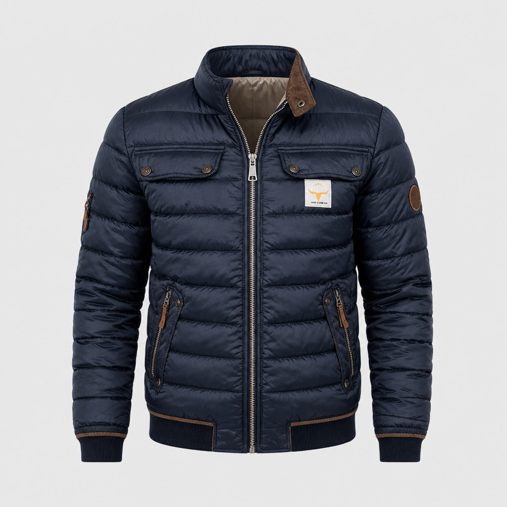 Men’s Quilted Puffer Jacket with Stand Collar Navy Blue product front