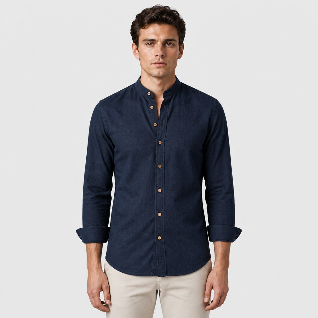 Men’s Regular Fit Cotton Linen Button-Down Shirt Navy Blue front