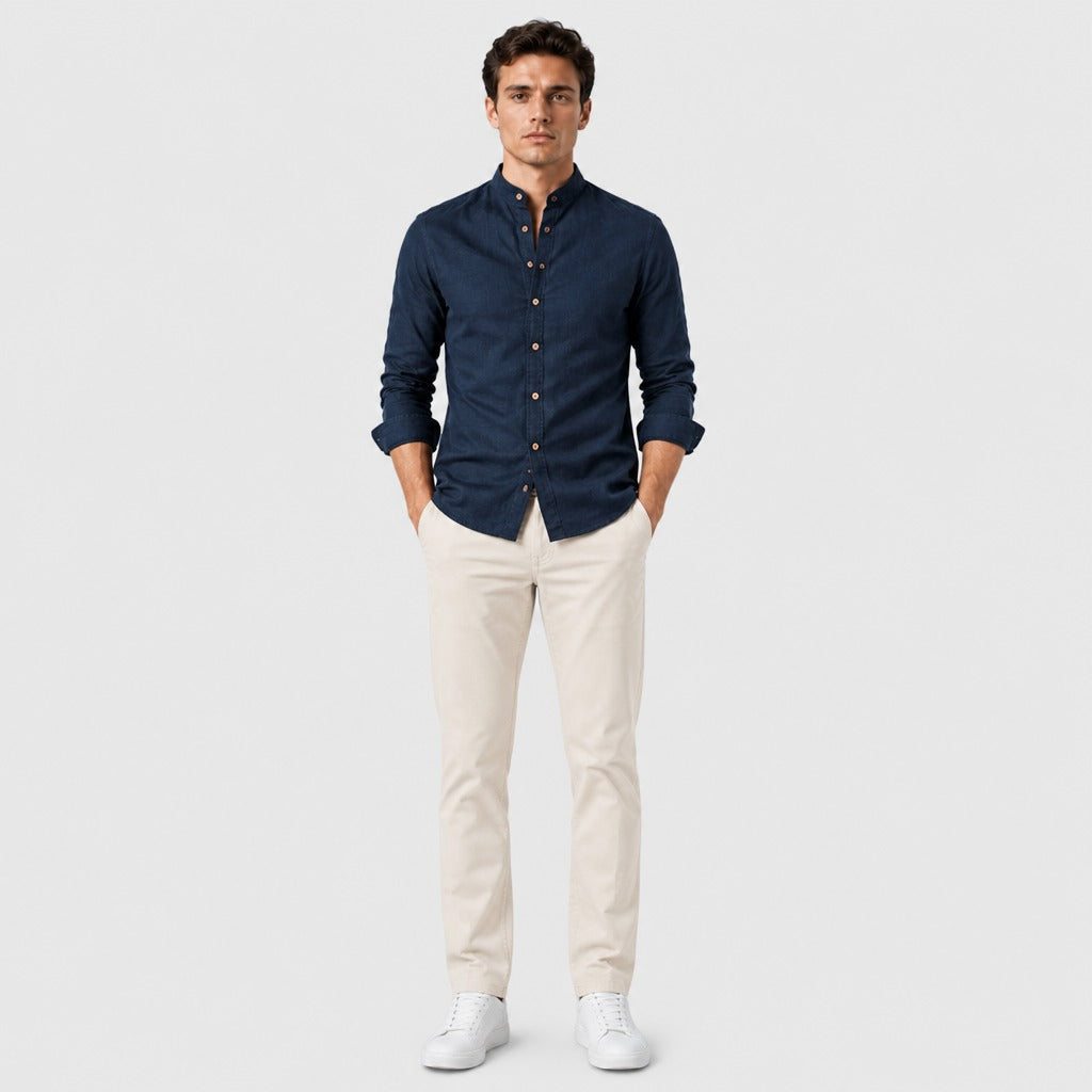 Men’s Regular Fit Cotton Linen Button-Down Shirt Navy Blue full length