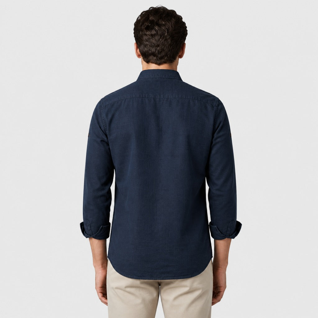 Men’s Regular Fit Cotton Linen Button-Down Shirt Navy Blue back