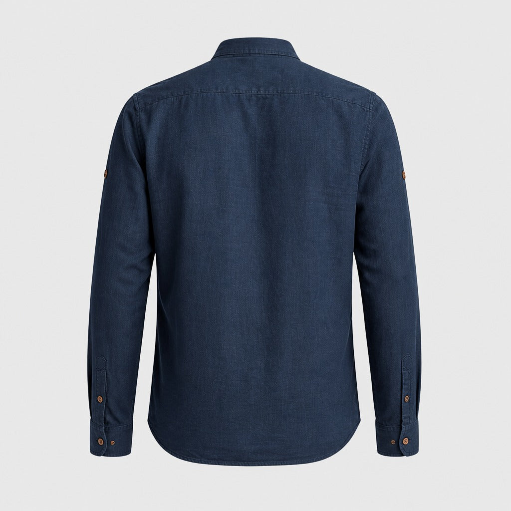 Men’s Regular Fit Cotton Linen Button-Down Shirt Navy Blue product back