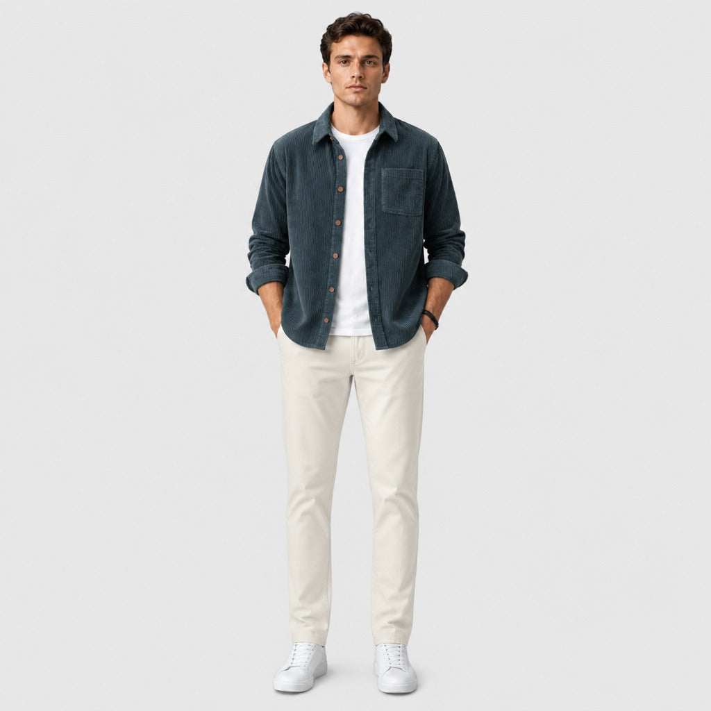 Men’s Regular Fit Cotton Shirt with Spread Collar Navy Blue full length