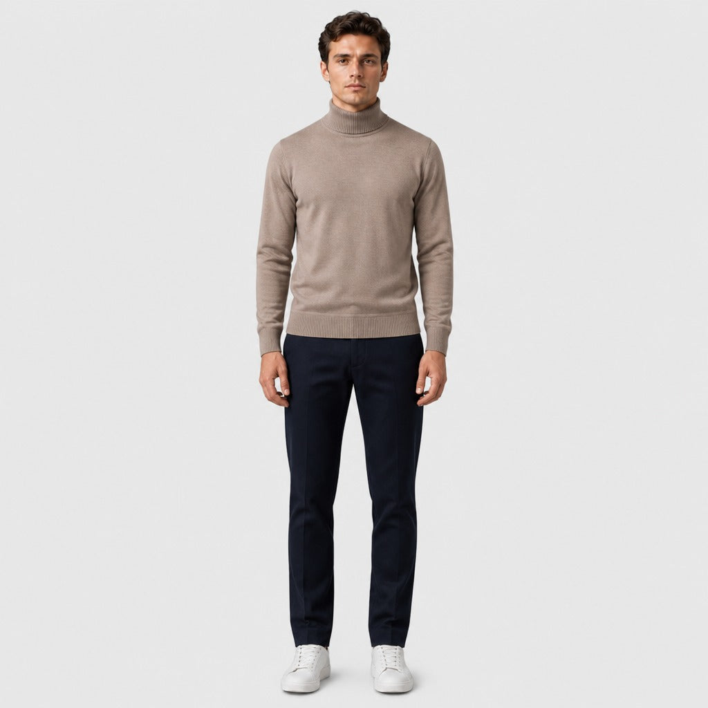 Men’s Regular Fit Knitted Roll Neck Jumper Beige full length