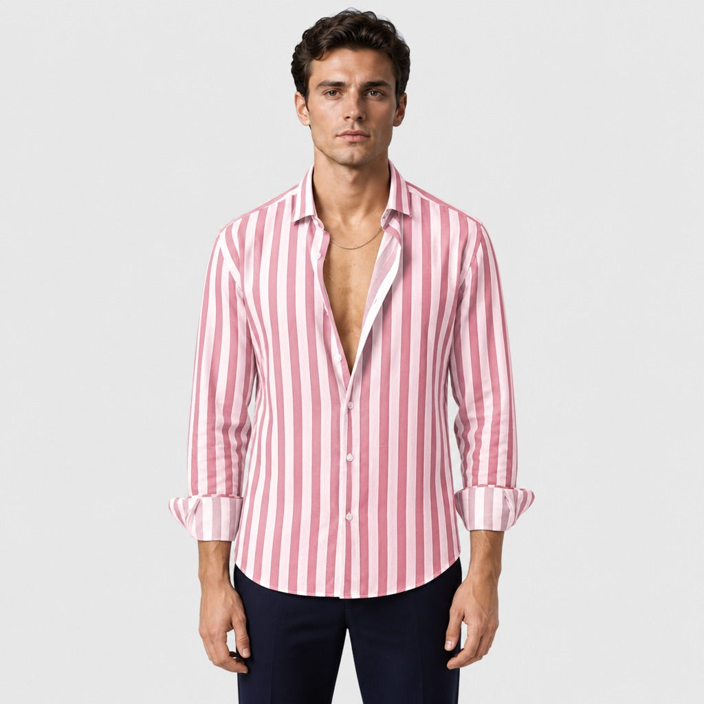 Men’s Regular Fit Linen Button-Down Shirt Pink Red