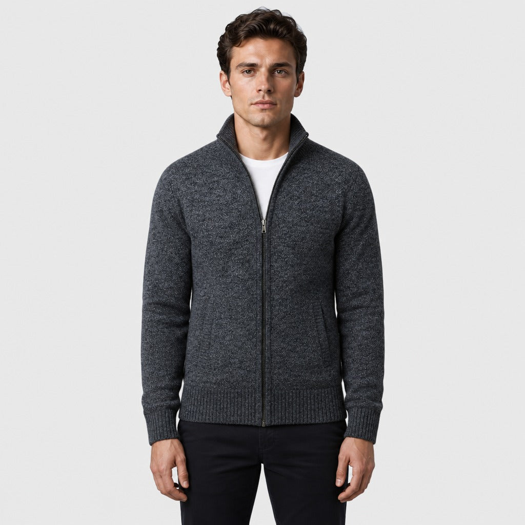 Men’s Regular Fit Roll Neck Zip Cardigan Grey front