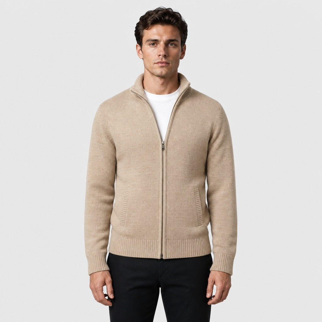 Men’s Regular Fit Roll Neck Zip Cardigan Beige