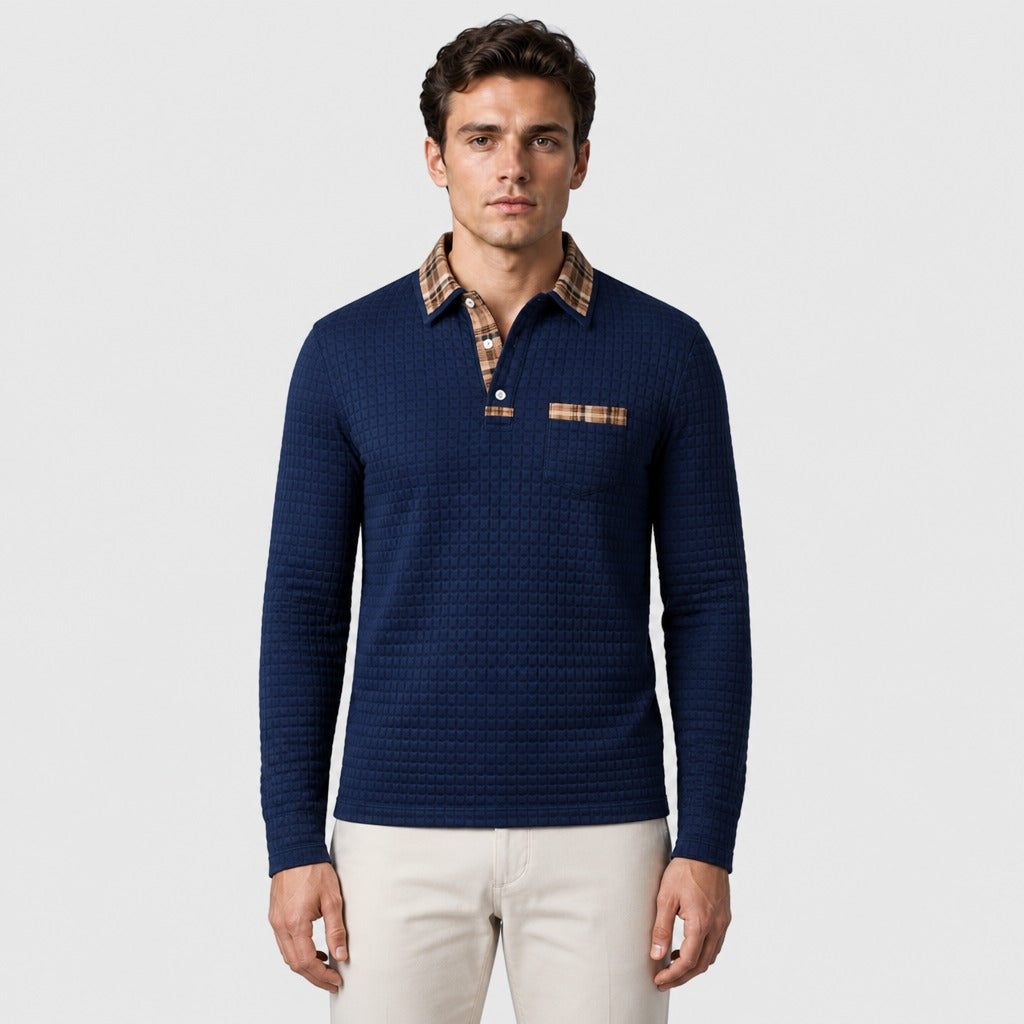 Men’s Retro Long Sleeve Knit Polo Shirt Dark Blue front