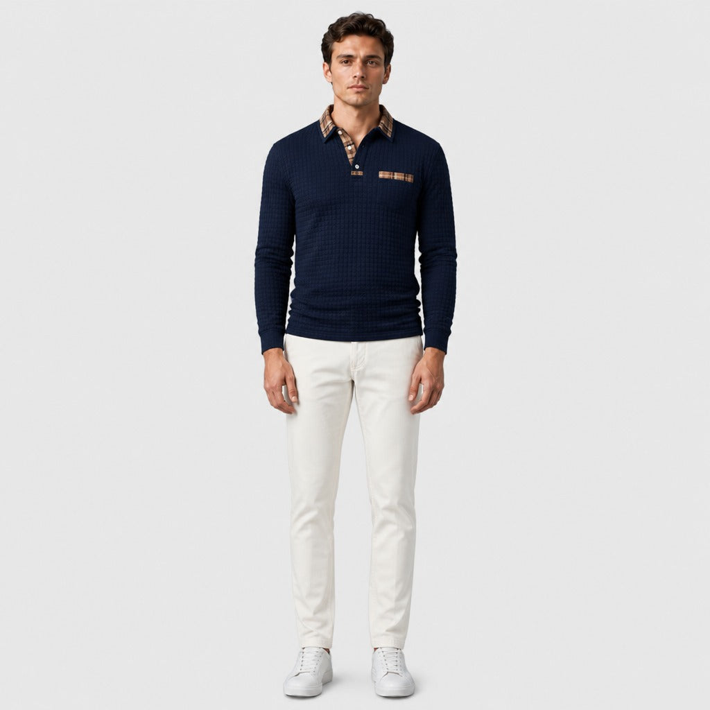 Men’s Retro Long Sleeve Knit Polo Shirt Dark Blue full length