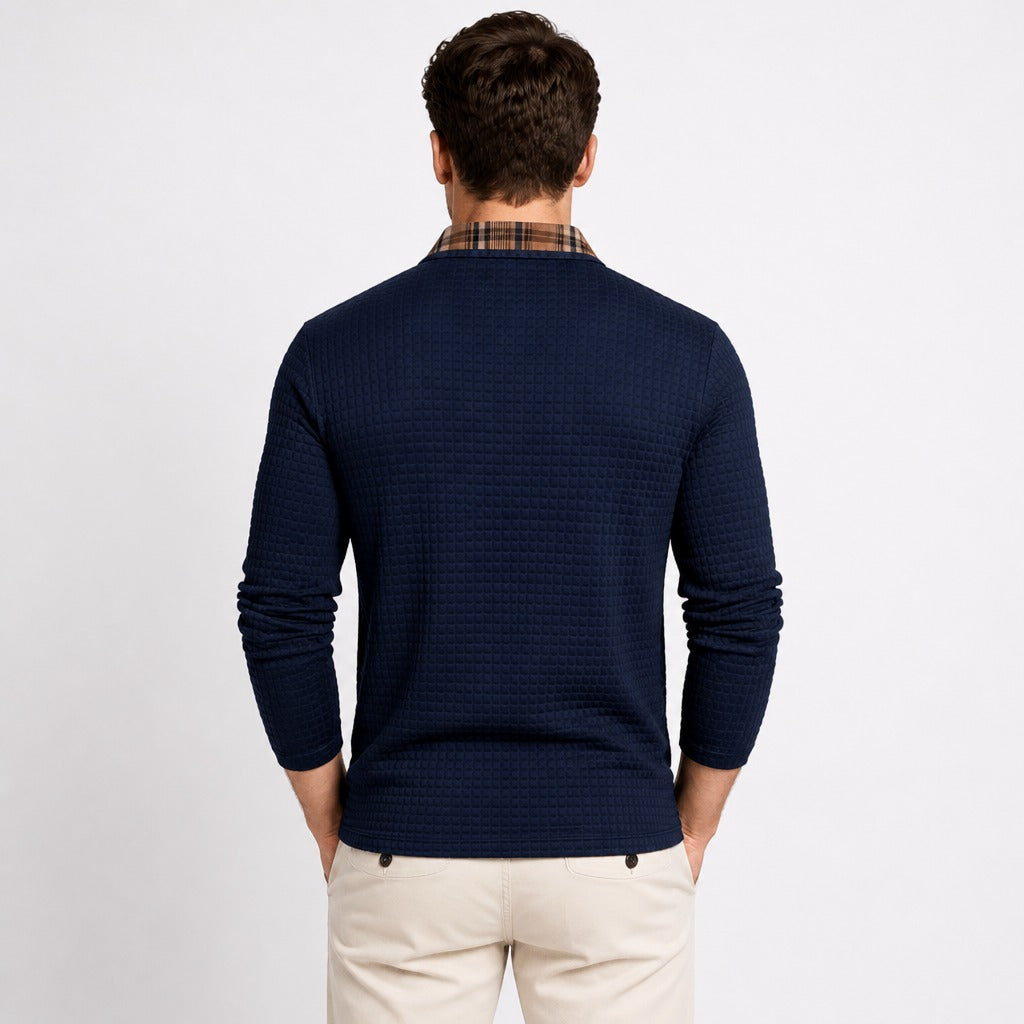 Men’s Retro Long Sleeve Knit Polo Shirt Dark Blue back