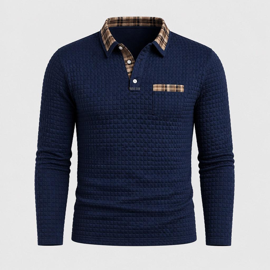 Men’s Retro Long Sleeve Knit Polo Shirt Dark Blue product front