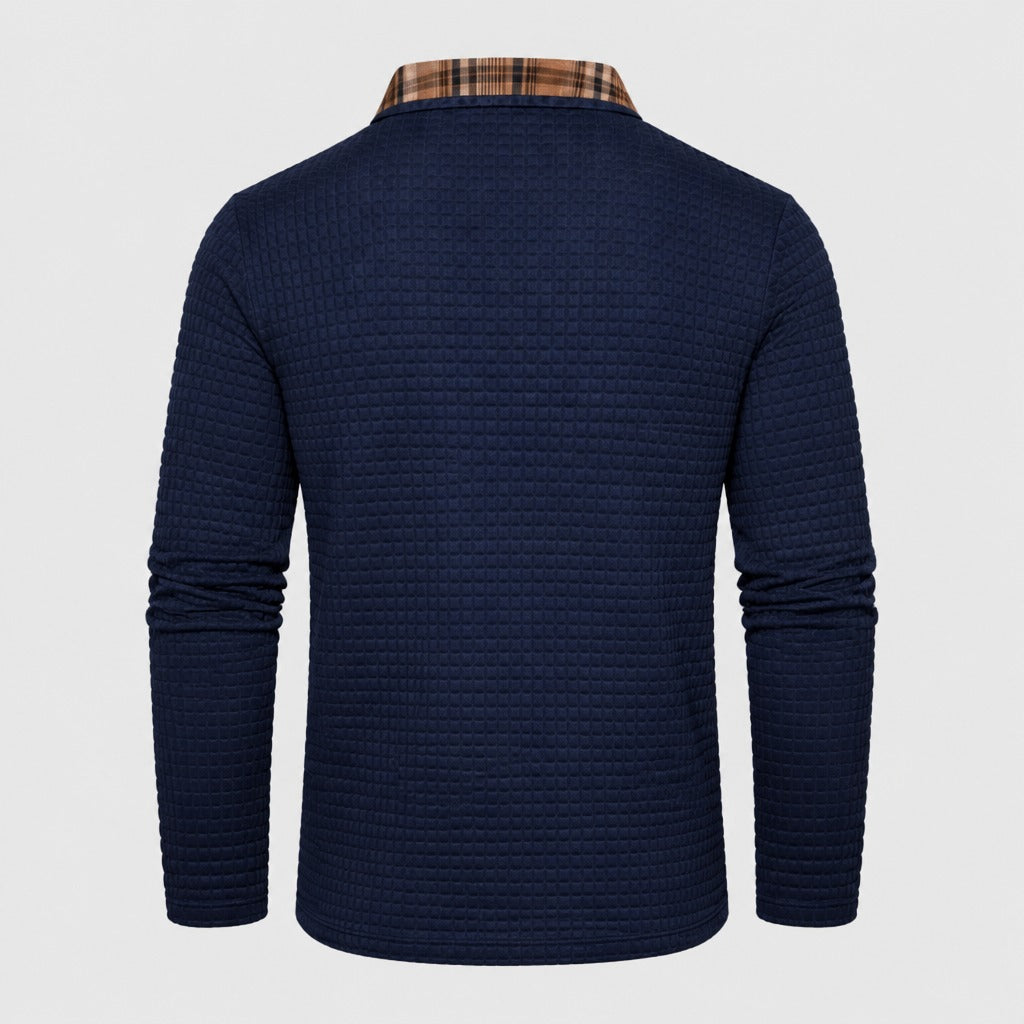 Men’s Retro Long Sleeve Knit Polo Shirt Dark Blue product back