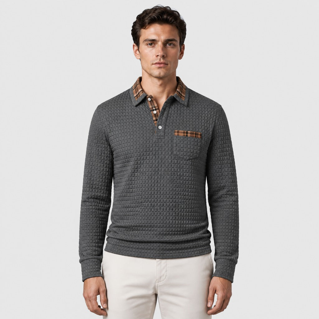 Men’s Retro Long Sleeve Knit Polo Shirt Grey