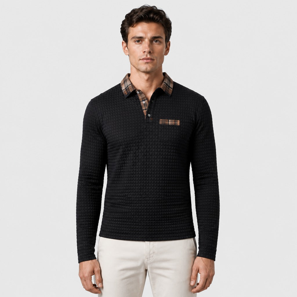 Men’s Retro Long Sleeve Knit Polo Shirt Black