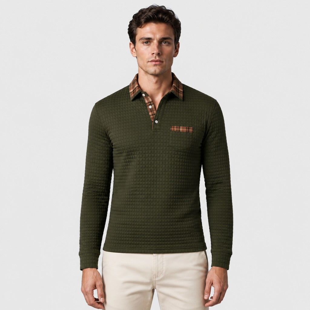 Men’s Retro Long Sleeve Knit Polo Shirt Military Green