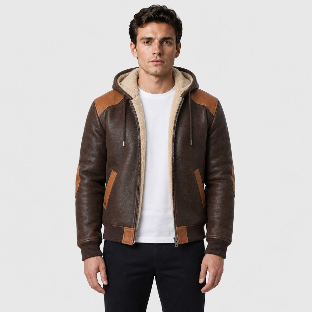 Men’s Retro Patchwork Hooded Zip Jacket Brown front