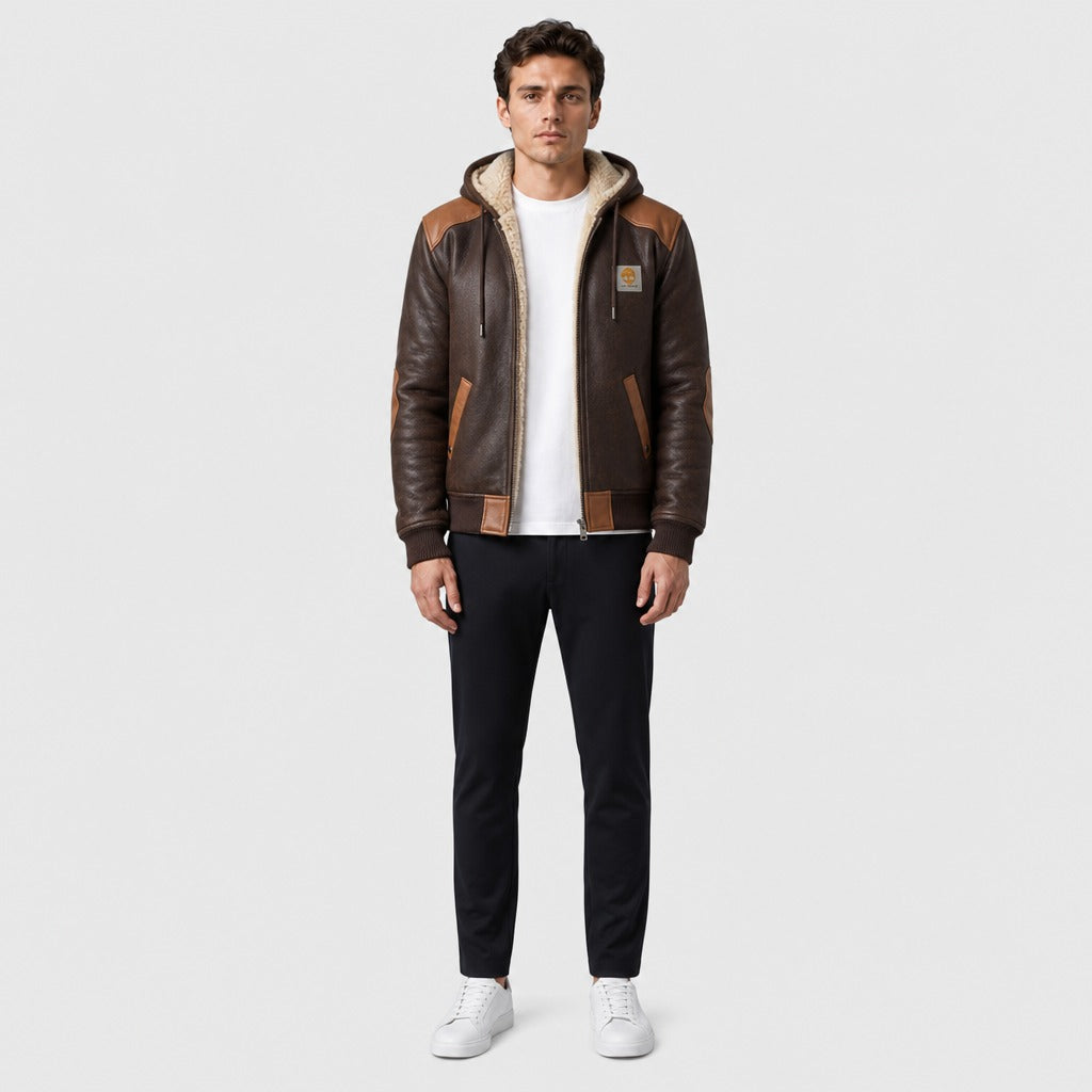 Men’s Retro Patchwork Hooded Zip Jacket Brown full length