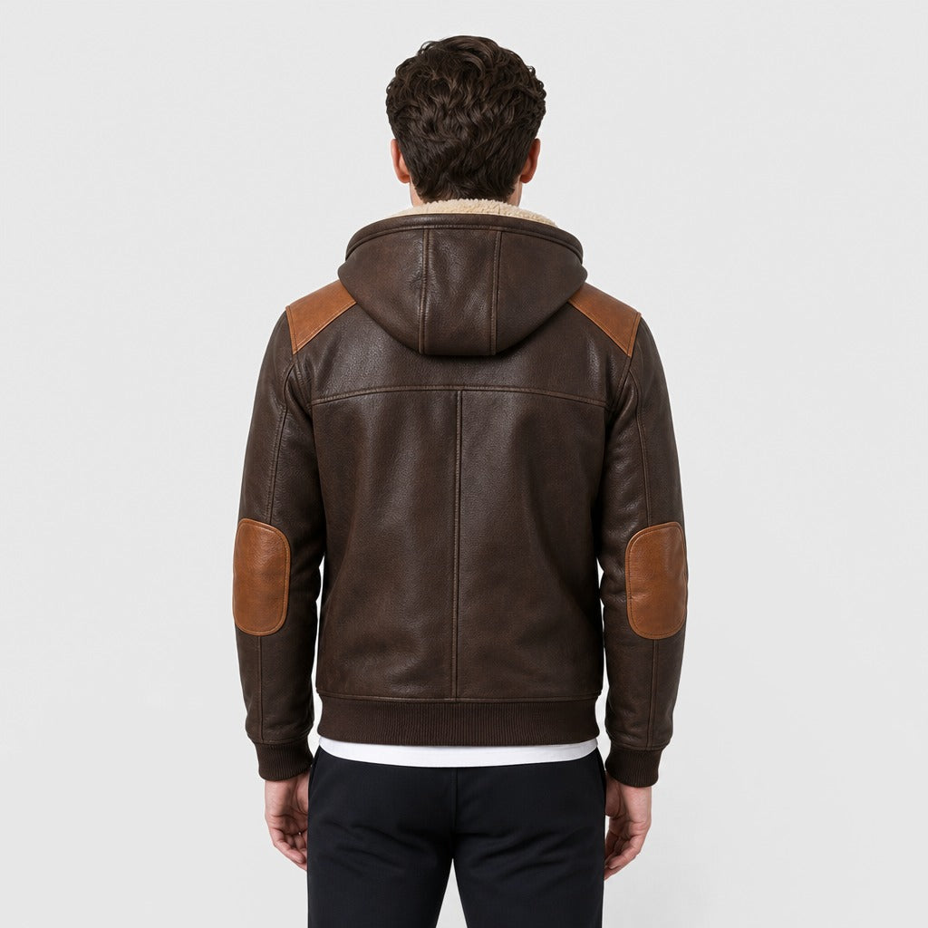 Men’s Retro Patchwork Hooded Zip Jacket Brown back