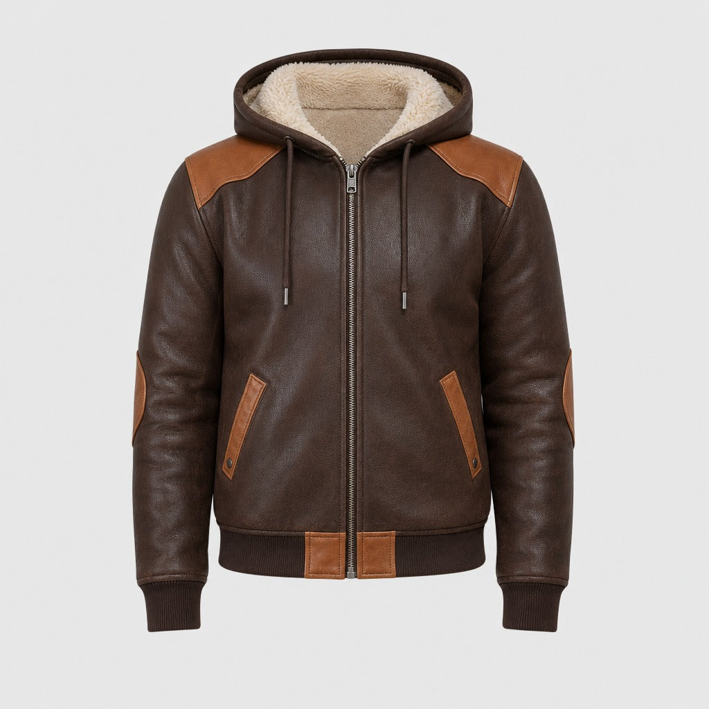 Men’s Retro Patchwork Hooded Zip Jacket Brown product front