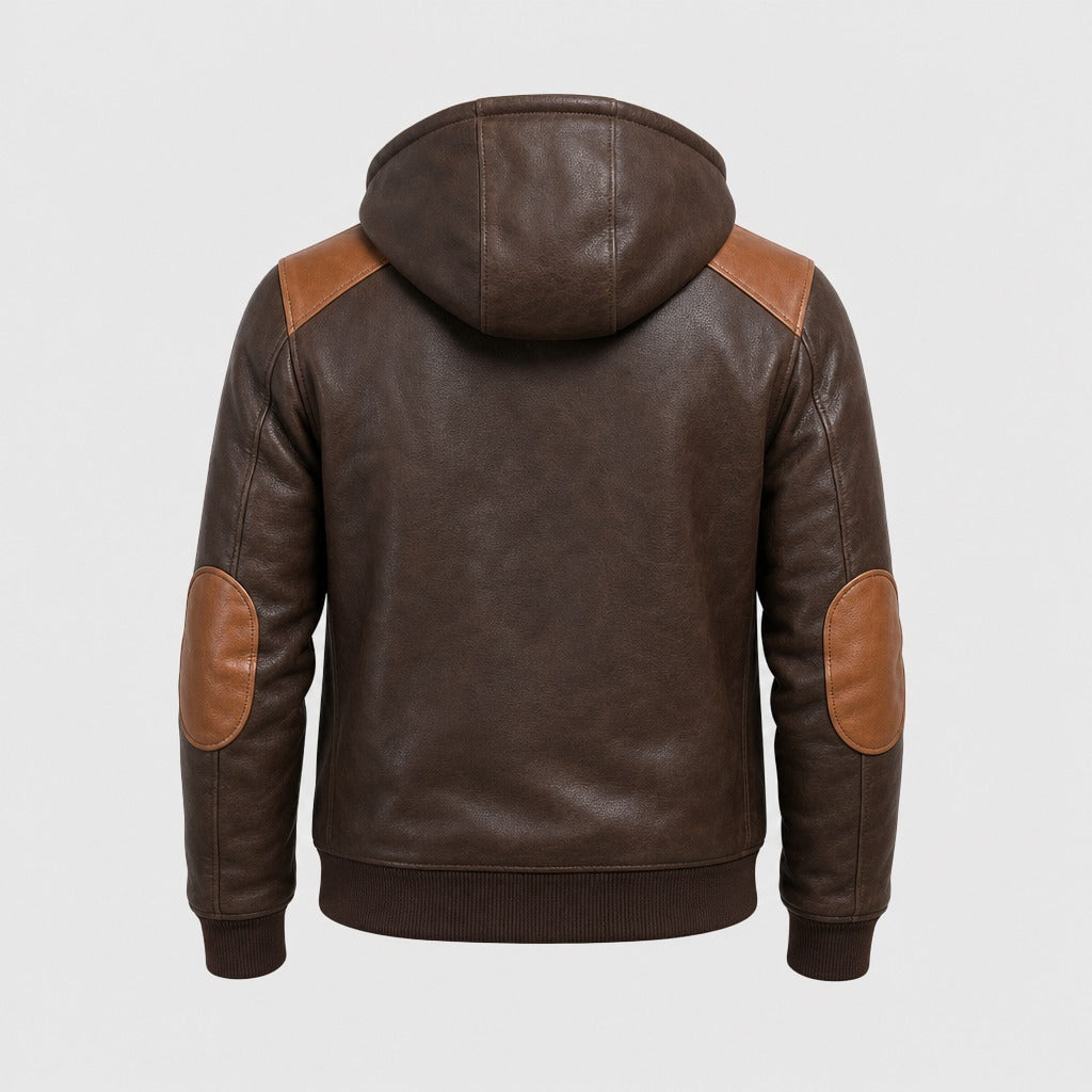 Men’s Retro Patchwork Hooded Zip Jacket Brown product back
