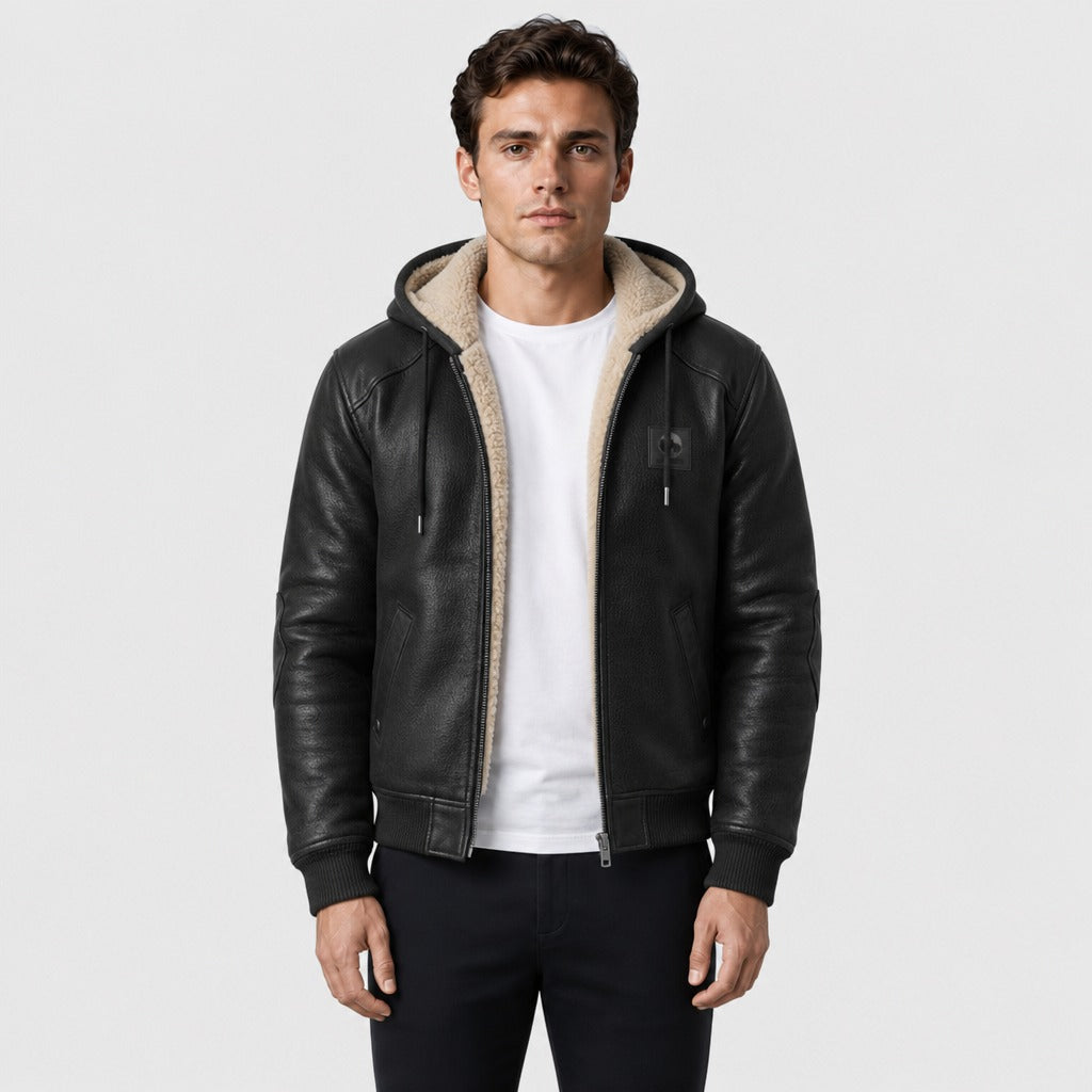 Men’s Retro Patchwork Hooded Zip Jacket Black