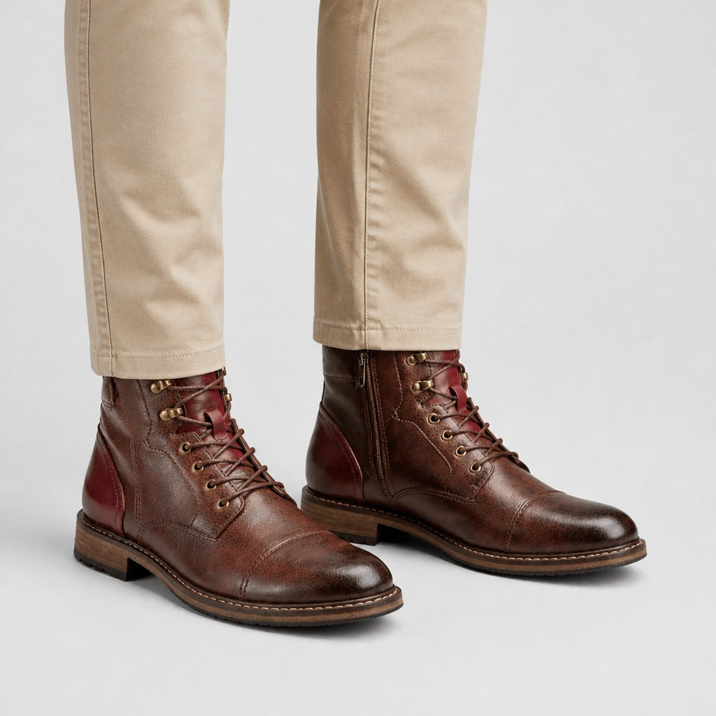 Men’s Retro Split Leather Biker Boots Brown worn