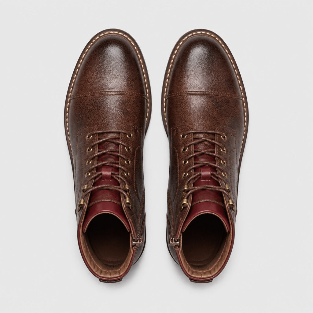 Men’s Retro Split Leather Biker Boots Brown top view