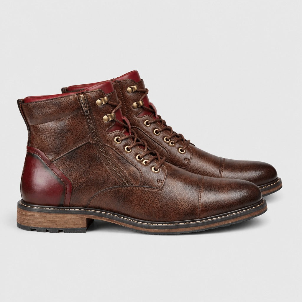 Men’s Retro Split Leather Biker Boots Brown side view