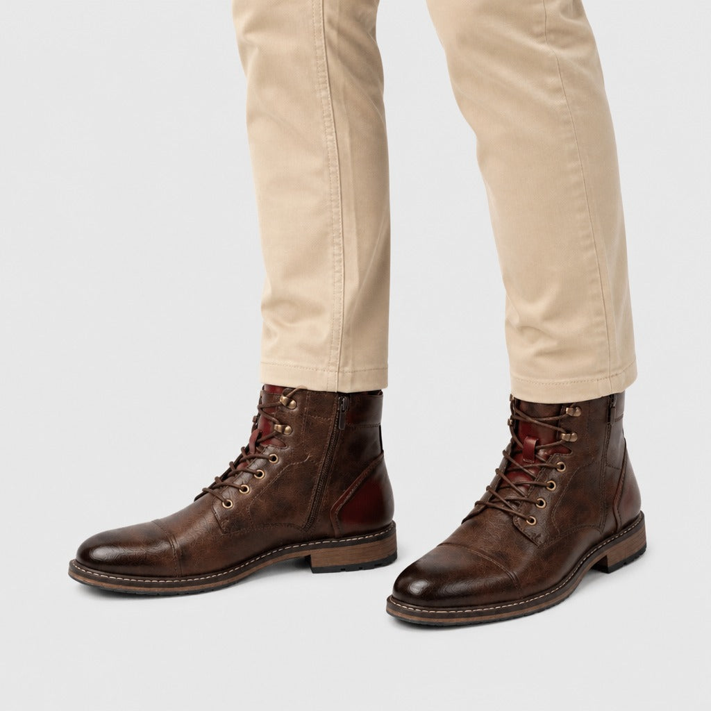 Men’s Retro Split Leather Zip Combat Boots Brown worn