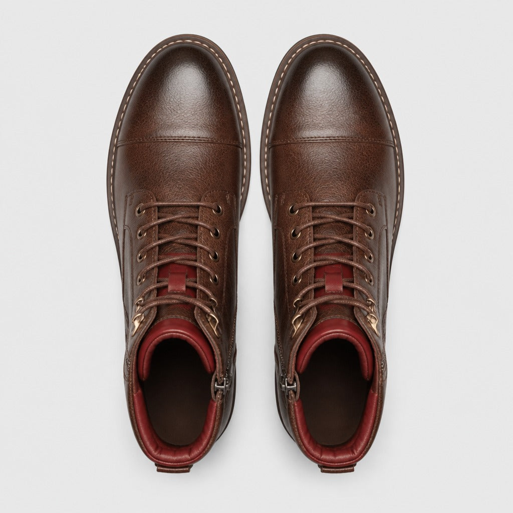 Men’s Retro Split Leather Zip Combat Boots Brown top view