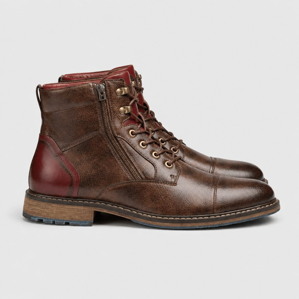 Men’s Retro Split Leather Zip Combat Boots Brown side view