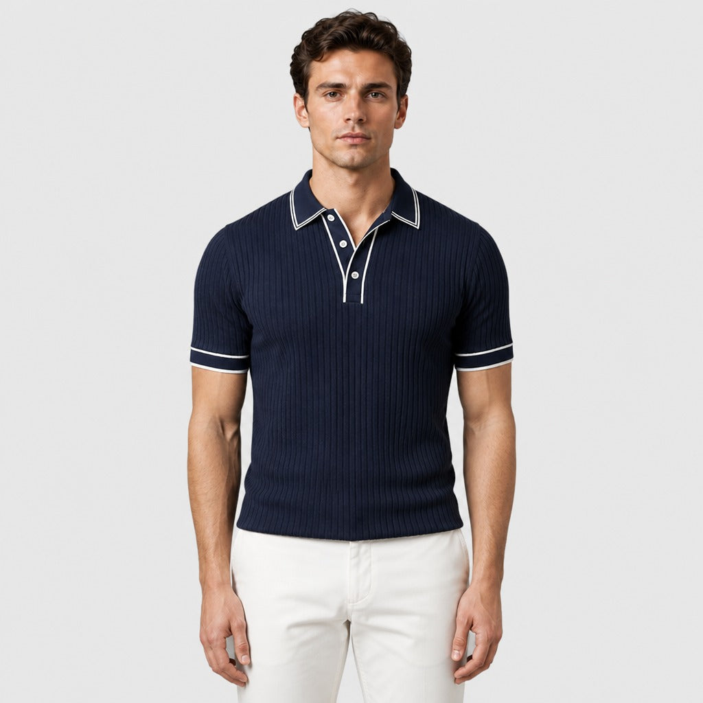 Men’s Ribbed Knit Polo Shirt with Contrast Trim Dark Blue front