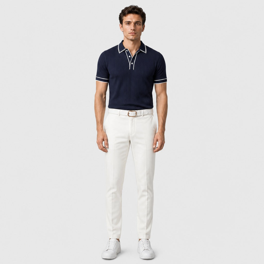 Men’s Ribbed Knit Polo Shirt with Contrast Trim Dark Blue full length