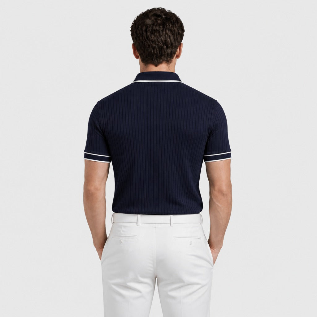 Men’s Ribbed Knit Polo Shirt with Contrast Trim Dark Blue back