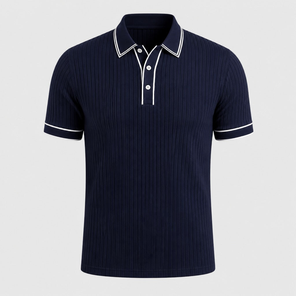 Men’s Ribbed Knit Polo Shirt with Contrast Trim Dark Blue product front