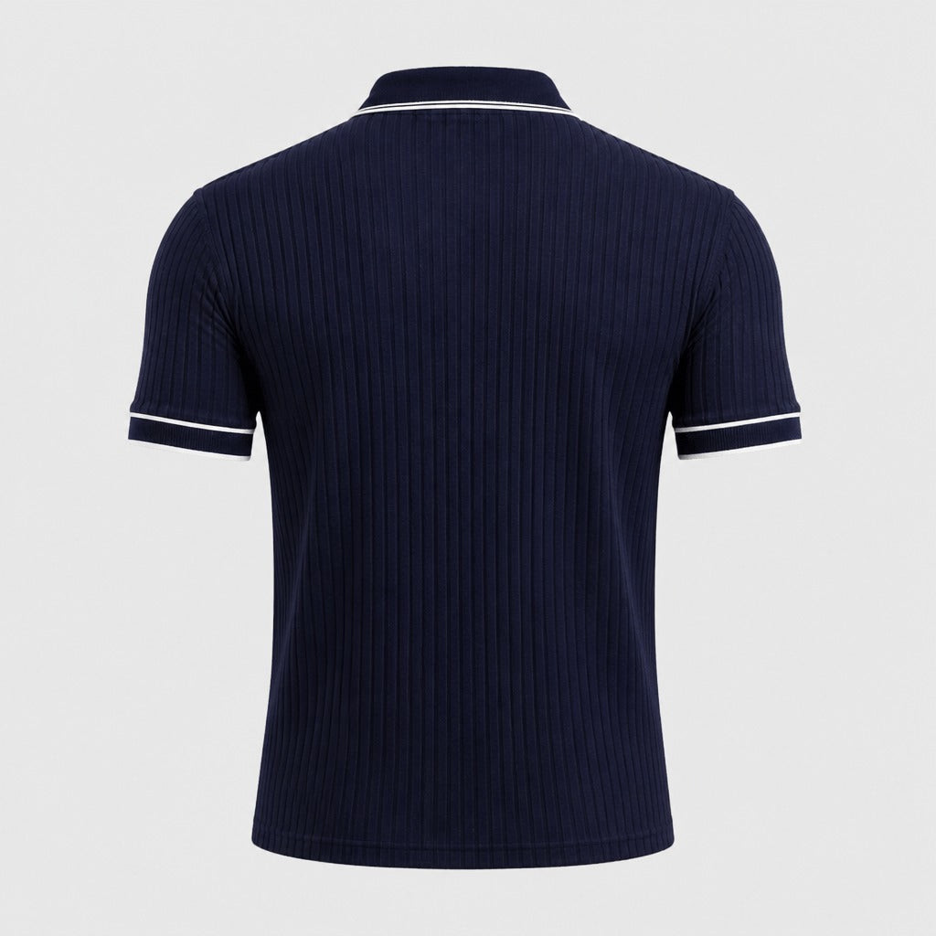 Men’s Ribbed Knit Polo Shirt with Contrast Trim Dark Blue product back