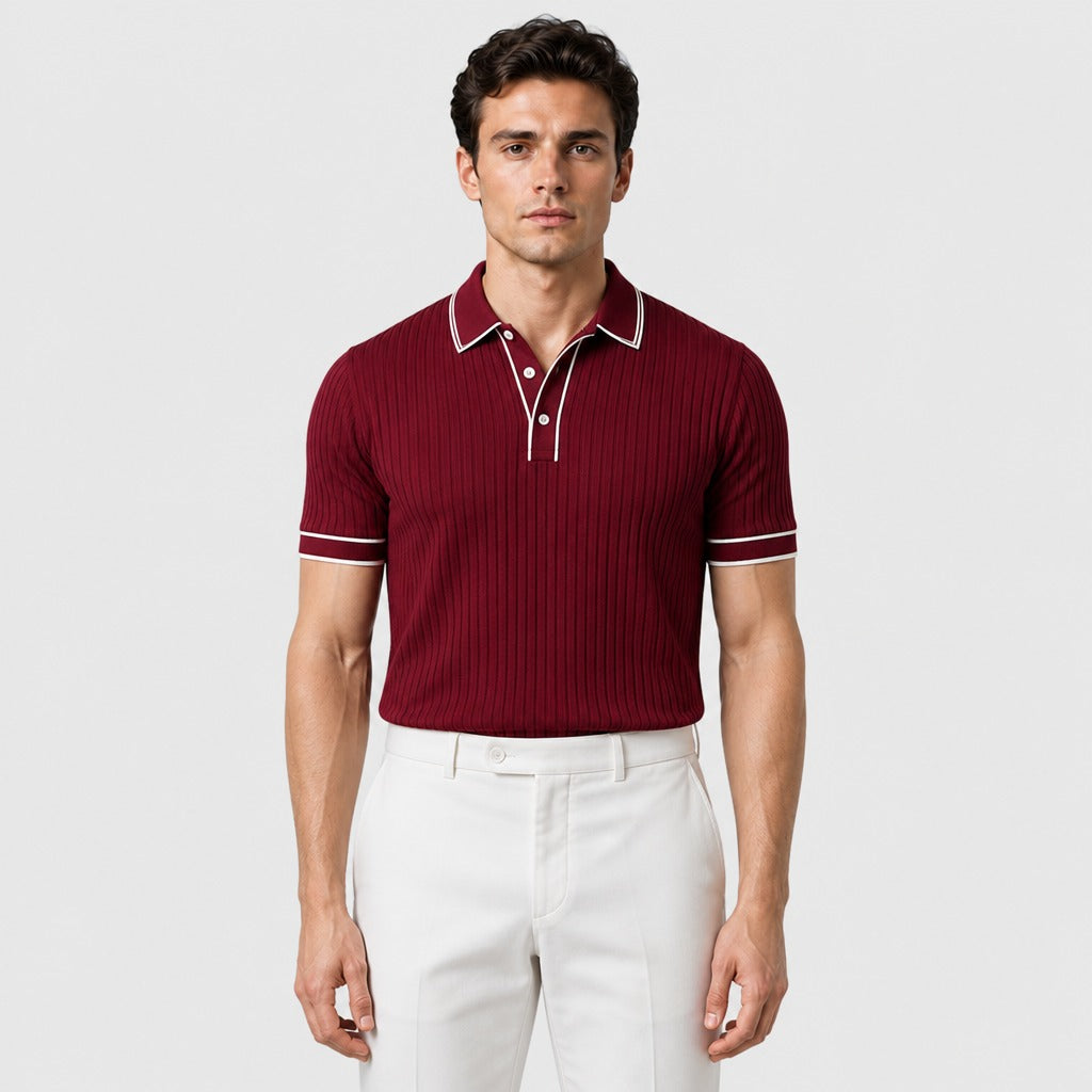 Men’s Ribbed Knit Polo Shirt with Contrast Trim Red